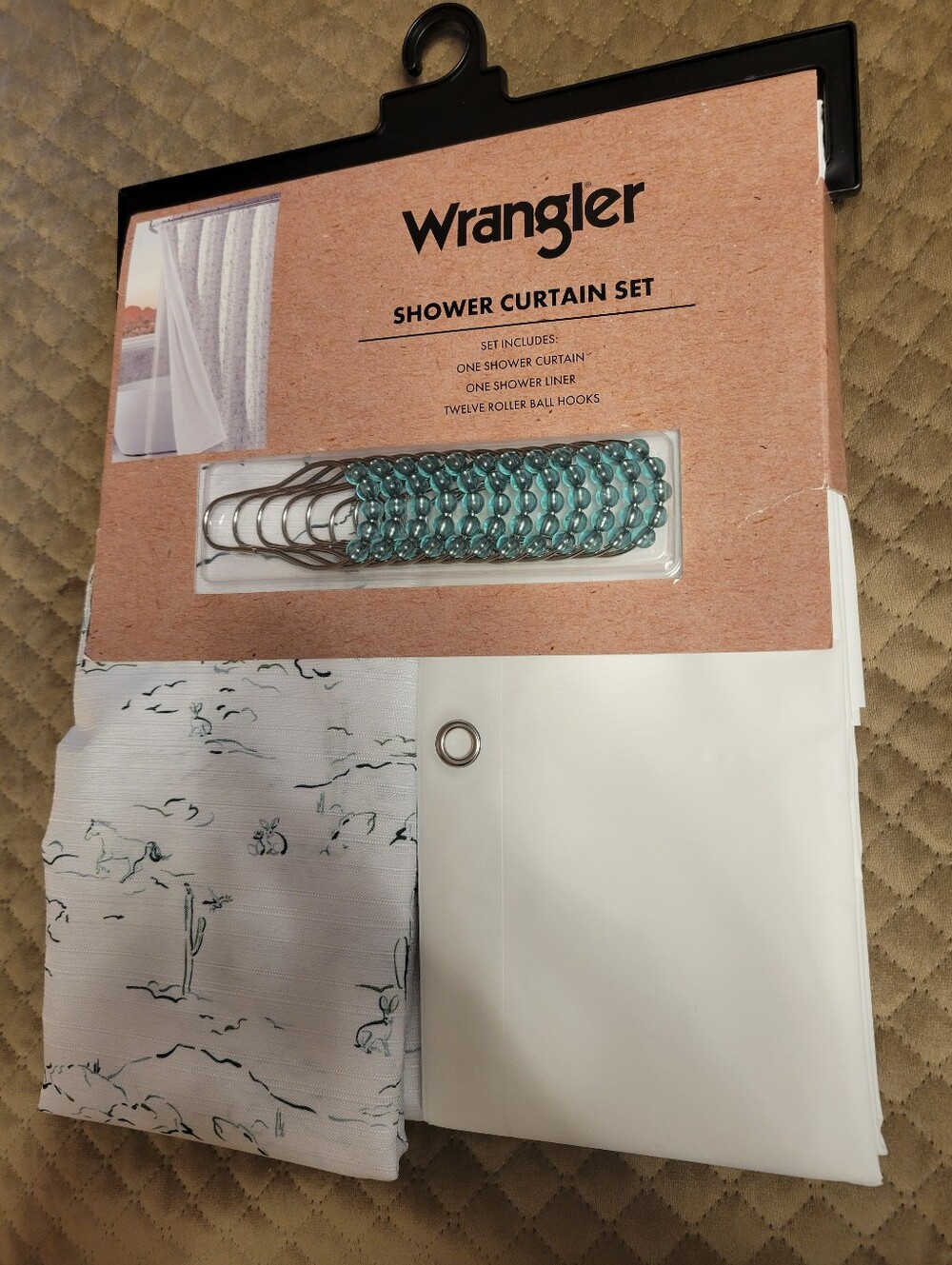 Wrangler Western Cowboy Shower Curtain Sketched Desert Green Horse Cactus NEW